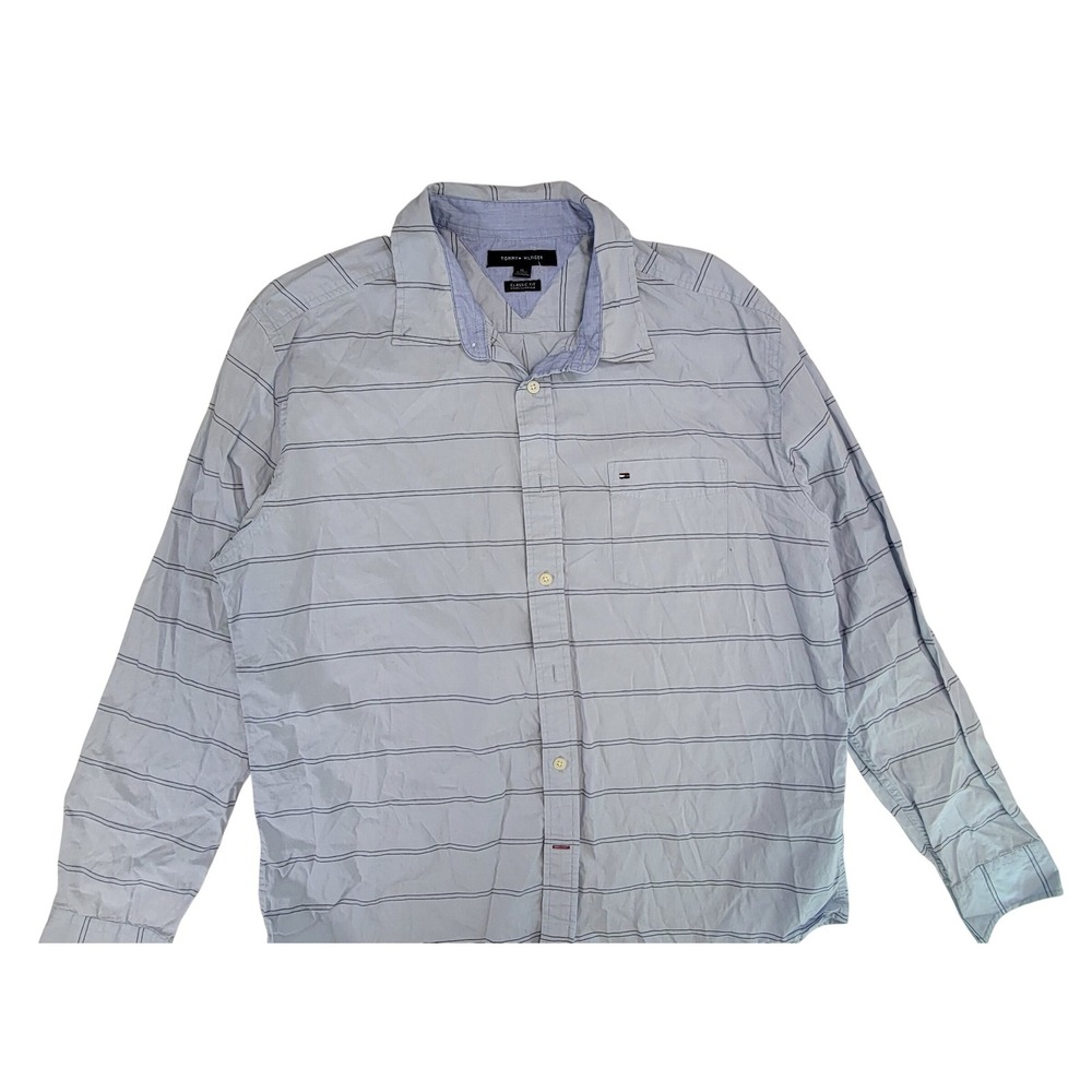 Tommy Hilfiger Mens‎ Classic Fit Striped Button Down Shirt XL Blue Casual